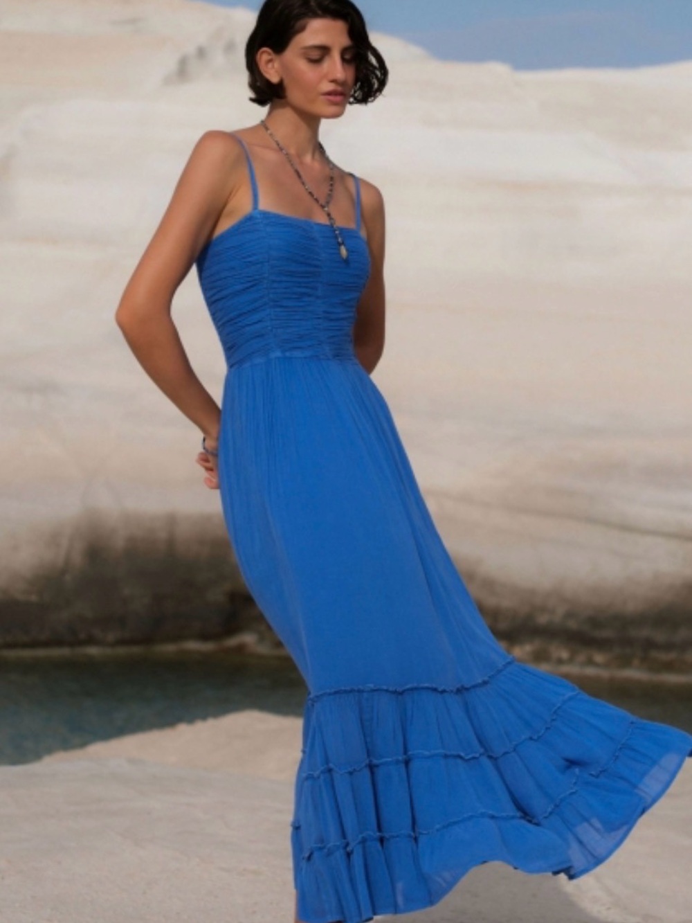 Pranella Boheme Ruched Bodice Spaghetti-Strap Maxi Dress in Blue - Picture 2 of 9